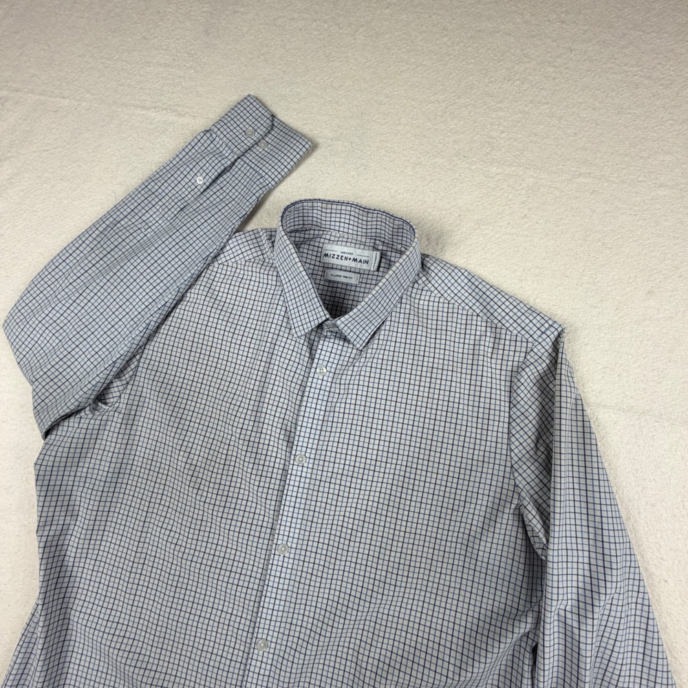 Mizzen+Main Leeward Dress Shirt Mens XL Trim Fit Blue White Grid Check Stretch